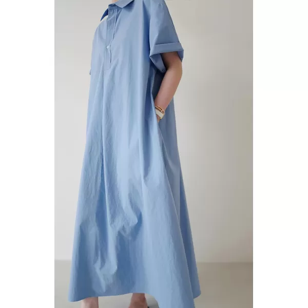 chouyatou Women Summer Short Sleeve Button Down Maxi Shirt Dress Tunic Shift Cotton Dress with PocketsBlue