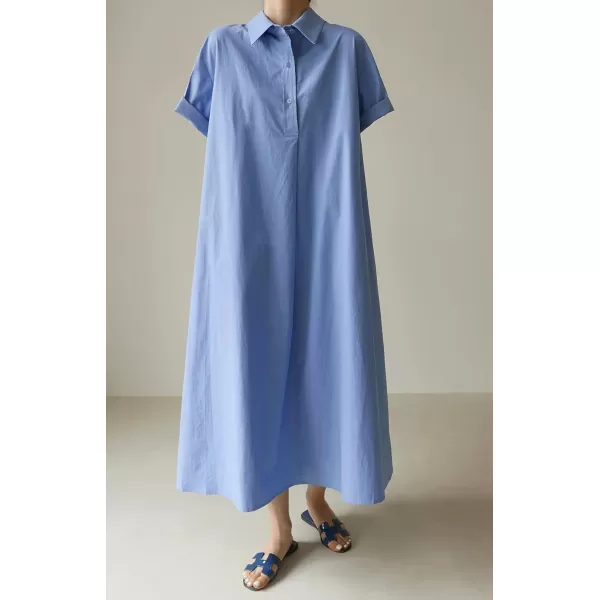 chouyatou Women Summer Short Sleeve Button Down Maxi Shirt Dress Tunic Shift Cotton Dress with PocketsBlue