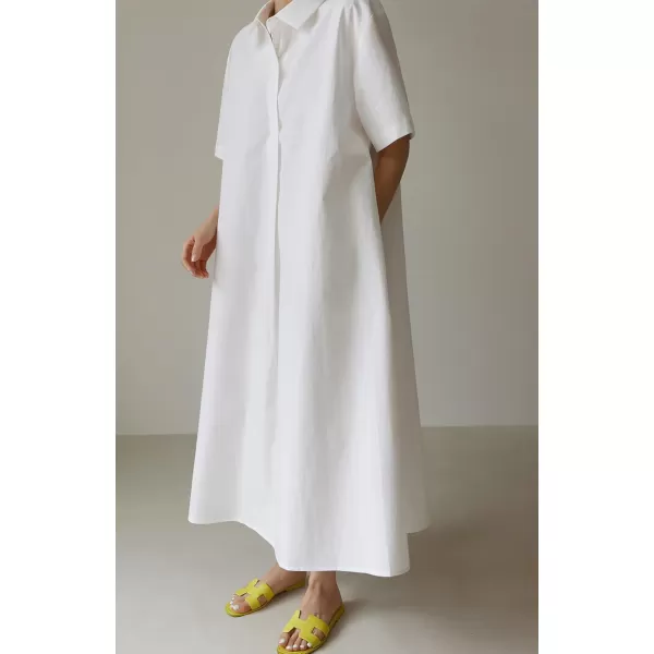 chouyatou Women Summer Short Sleeve Button Down Maxi Shirt Dress Tunic Shift Cotton Dress with PocketsWhite
