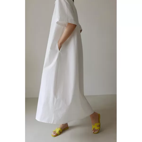chouyatou Women Summer Short Sleeve Button Down Maxi Shirt Dress Tunic Shift Cotton Dress with PocketsWhite