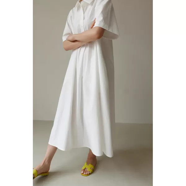 chouyatou Women Summer Short Sleeve Button Down Maxi Shirt Dress Tunic Shift Cotton Dress with PocketsWhite