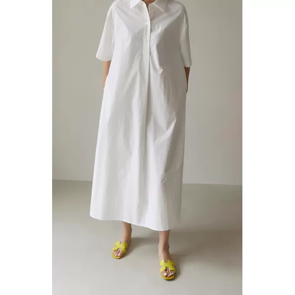 chouyatou Women Summer Short Sleeve Button Down Maxi Shirt Dress Tunic Shift Cotton Dress with PocketsWhite