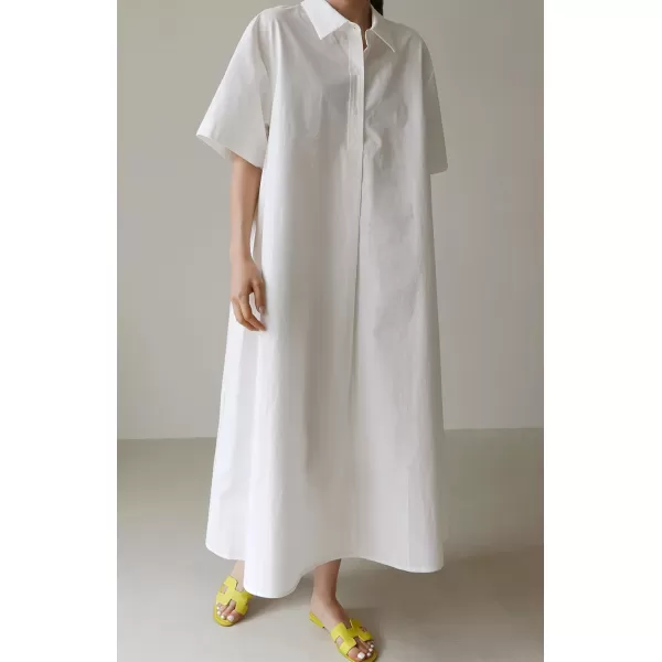 chouyatou Women Summer Short Sleeve Button Down Maxi Shirt Dress Tunic Shift Cotton Dress with PocketsWhite
