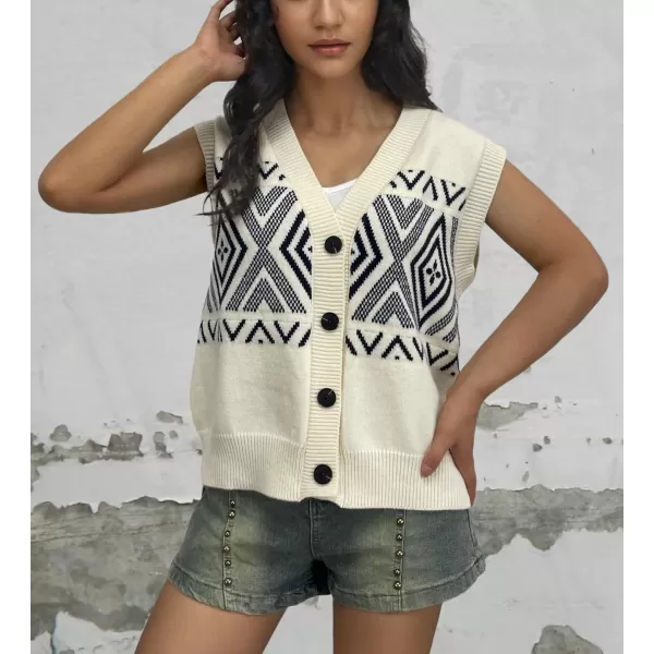 chouyatou Womens 2024 Button Up Sweater Vest Argyle Plaid Color Block Sleeveless Vest TopsBeige