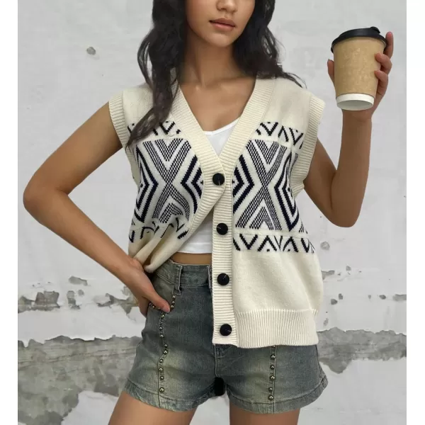 chouyatou Womens 2024 Button Up Sweater Vest Argyle Plaid Color Block Sleeveless Vest TopsBeige