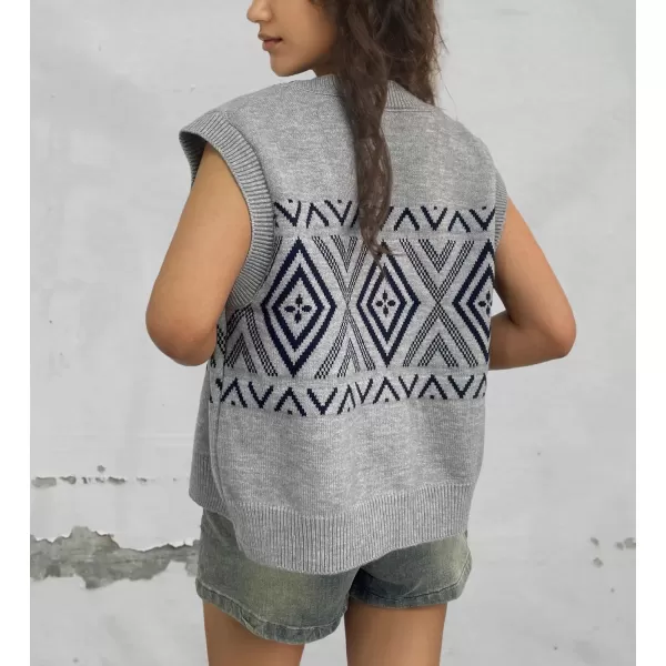 chouyatou Womens 2024 Button Up Sweater Vest Argyle Plaid Color Block Sleeveless Vest TopsGray