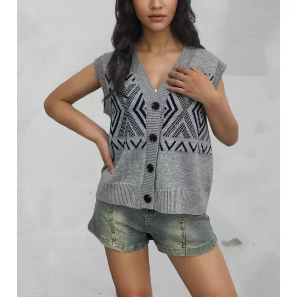 chouyatou Womens 2024 Button Up Sweater Vest Argyle Plaid Color Block Sleeveless Vest TopsGray