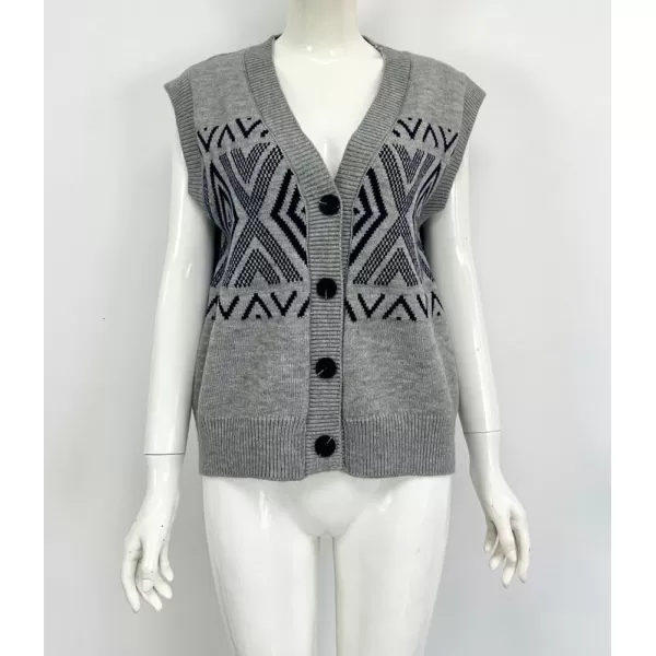 chouyatou Womens 2024 Button Up Sweater Vest Argyle Plaid Color Block Sleeveless Vest TopsGray