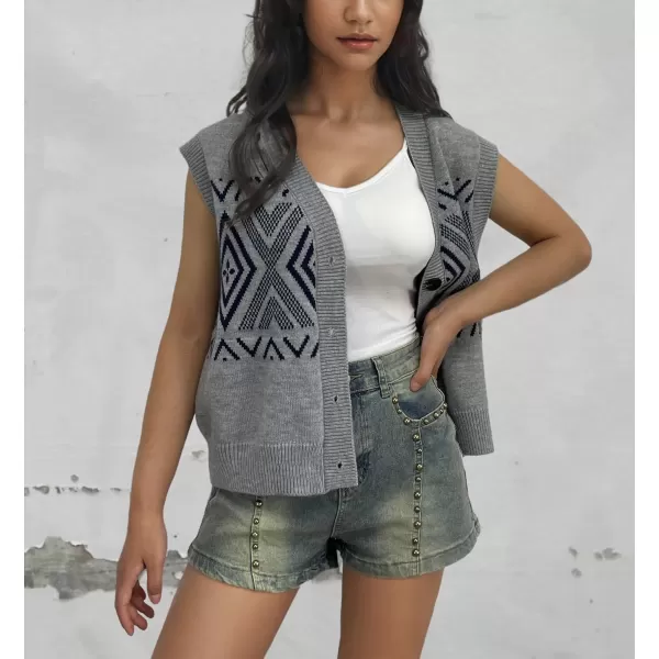 chouyatou Womens 2024 Button Up Sweater Vest Argyle Plaid Color Block Sleeveless Vest TopsGray