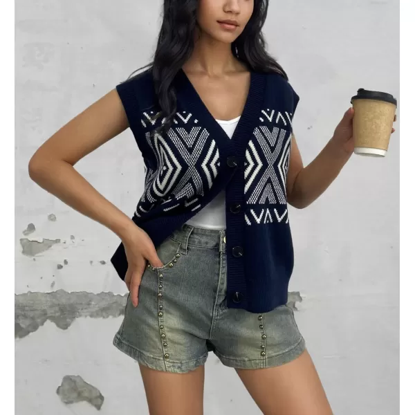 chouyatou Womens 2024 Button Up Sweater Vest Argyle Plaid Color Block Sleeveless Vest TopsNavy