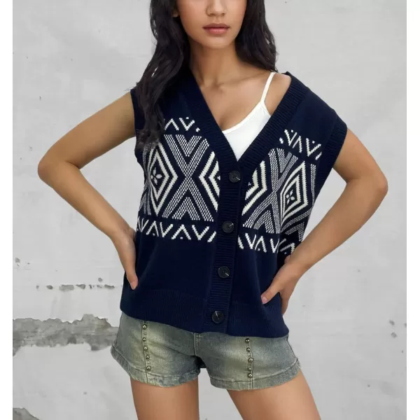 chouyatou Womens 2024 Button Up Sweater Vest Argyle Plaid Color Block Sleeveless Vest TopsNavy
