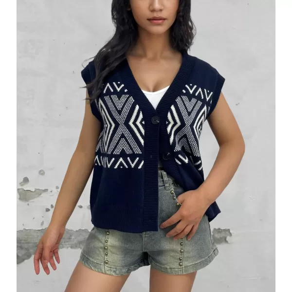 chouyatou Womens 2024 Button Up Sweater Vest Argyle Plaid Color Block Sleeveless Vest TopsNavy