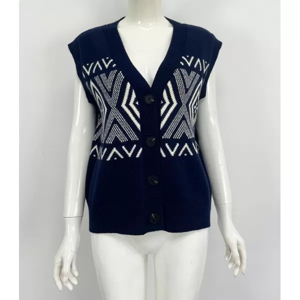 chouyatou Womens 2024 Button Up Sweater Vest Argyle Plaid Color Block Sleeveless Vest TopsNavy