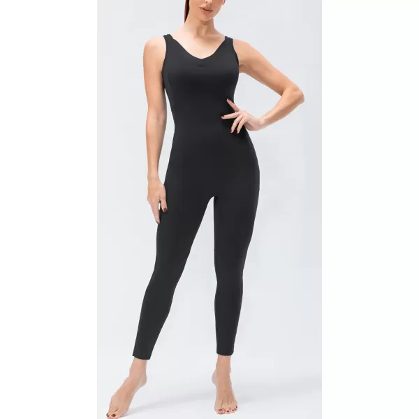 chouyatou Womens Athletic CrissCross Back One Piece Workout Set Yoga Bodysuit Skinny Leggings Jumpsuit Outfits PocketBlack