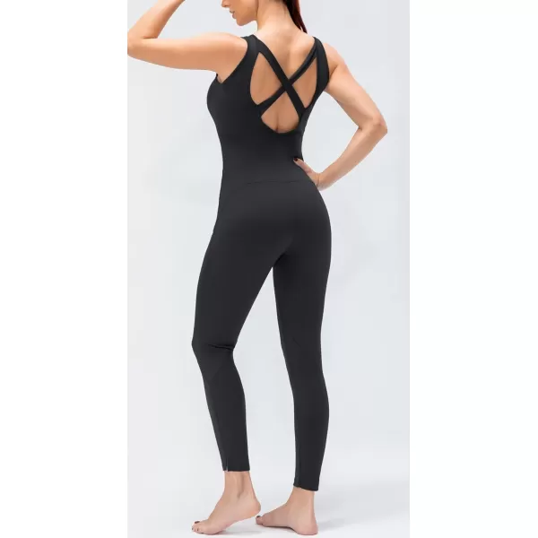 chouyatou Womens Athletic CrissCross Back One Piece Workout Set Yoga Bodysuit Skinny Leggings Jumpsuit Outfits PocketBlack