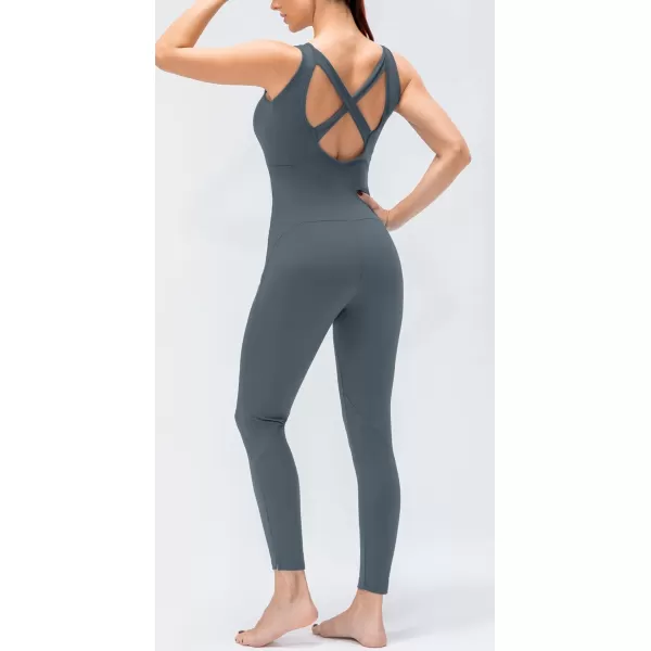chouyatou Womens Athletic CrissCross Back One Piece Workout Set Yoga Bodysuit Skinny Leggings Jumpsuit Outfits PocketGrey