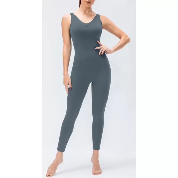 chouyatou Womens Athletic CrissCross Back One Piece Workout Set Yoga Bodysuit Skinny Leggings Jumpsuit Outfits PocketGrey