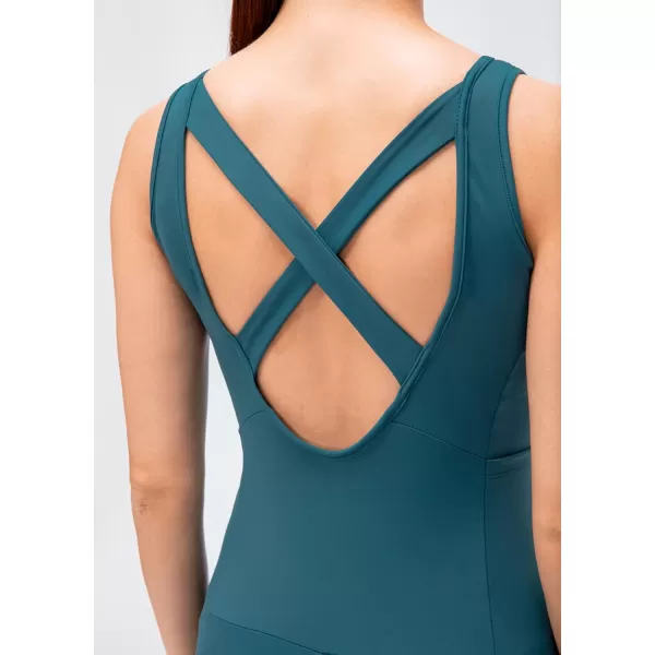 chouyatou Womens Athletic CrissCross Back One Piece Workout Set Yoga Bodysuit Skinny Leggings Jumpsuit Outfits PocketLake Blue