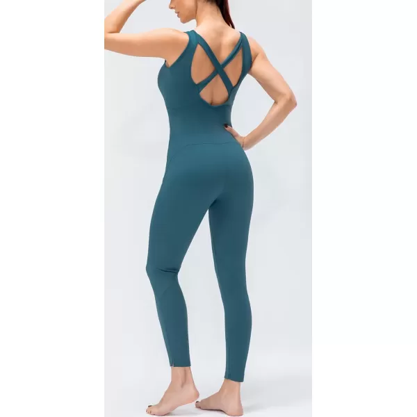 chouyatou Womens Athletic CrissCross Back One Piece Workout Set Yoga Bodysuit Skinny Leggings Jumpsuit Outfits PocketLake Blue