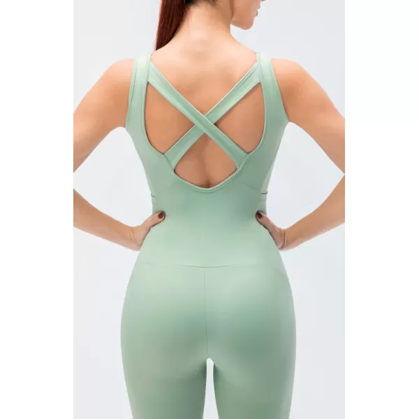 chouyatou Womens Athletic CrissCross Back One Piece Workout Set Yoga Bodysuit Skinny Leggings Jumpsuit Outfits PocketLight Green