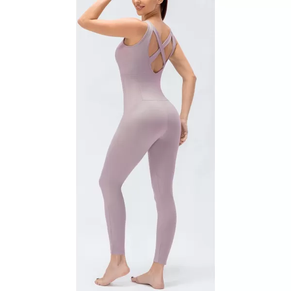 chouyatou Womens Athletic CrissCross Back One Piece Workout Set Yoga Bodysuit Skinny Leggings Jumpsuit Outfits PocketLight Purple