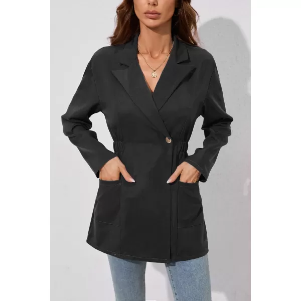 chouyatou Womens Business Casual Lapel Collar One Button Elastic Waist Peplum Blazer Jacket CoatBlack