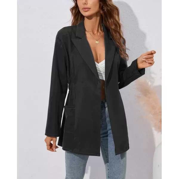 chouyatou Womens Business Casual Lapel Collar One Button Elastic Waist Peplum Blazer Jacket CoatBlack
