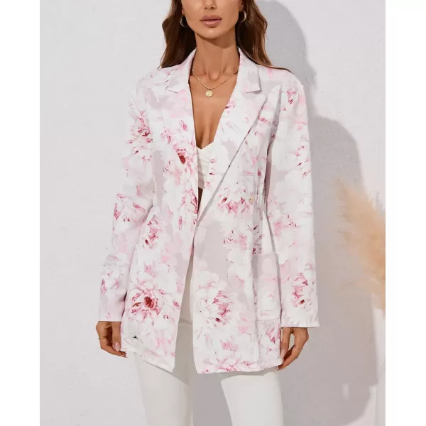 chouyatou Womens Business Casual Lapel Collar One Button Elastic Waist Peplum Blazer Jacket CoatFloral Pink