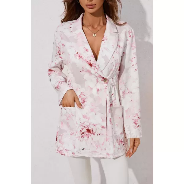chouyatou Womens Business Casual Lapel Collar One Button Elastic Waist Peplum Blazer Jacket CoatFloral Pink