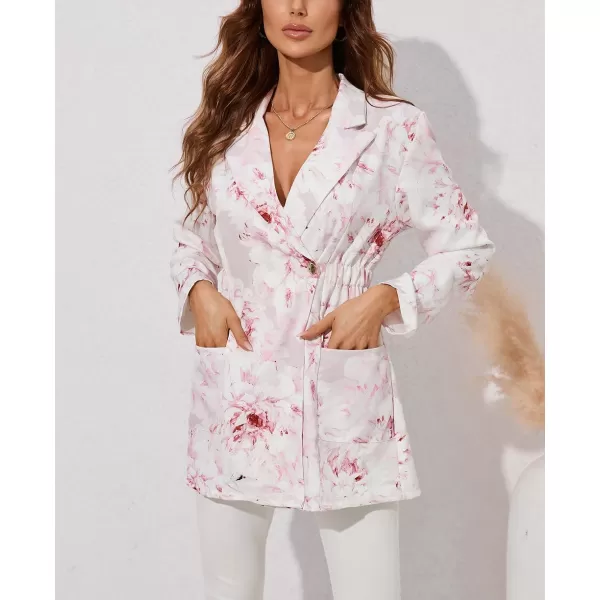 chouyatou Womens Business Casual Lapel Collar One Button Elastic Waist Peplum Blazer Jacket CoatFloral Pink