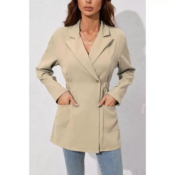 chouyatou Womens Business Casual Lapel Collar One Button Elastic Waist Peplum Blazer Jacket CoatKhaki