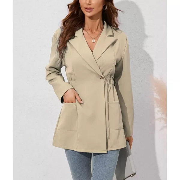 chouyatou Womens Business Casual Lapel Collar One Button Elastic Waist Peplum Blazer Jacket CoatKhaki