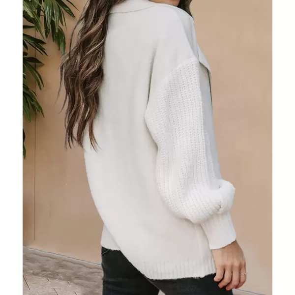chouyatou Womens Business Casual Notched Lapel One Button Lantern Sleeve Knit Sweater Blazer Jacket with PocketsWhite