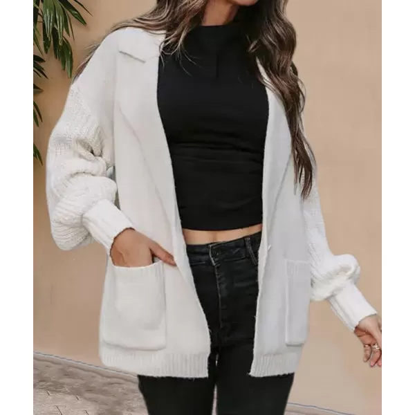 chouyatou Womens Business Casual Notched Lapel One Button Lantern Sleeve Knit Sweater Blazer Jacket with PocketsWhite