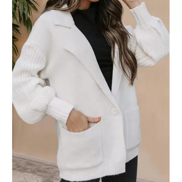 chouyatou Womens Business Casual Notched Lapel One Button Lantern Sleeve Knit Sweater Blazer Jacket with PocketsWhite