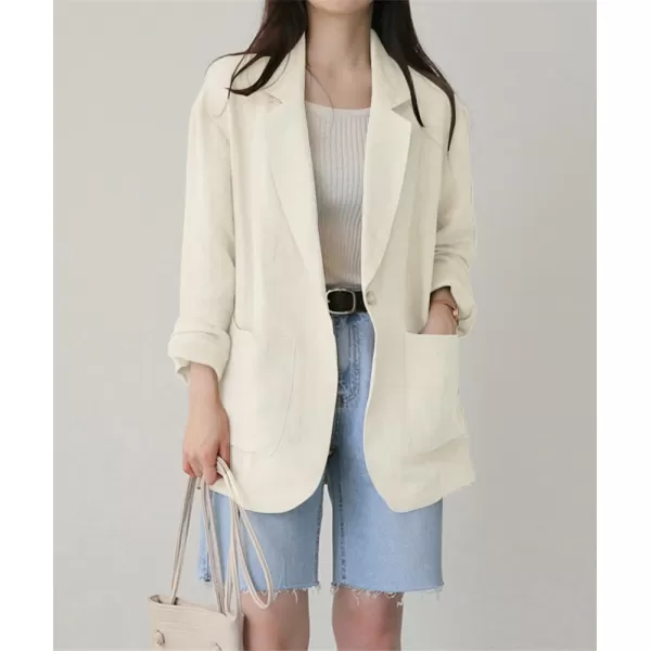 chouyatou Womens Cotton Linen One Button Office Blazer Long Sleeve Business Casual Jacket Outwear CoatBeige White