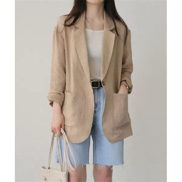 chouyatou Womens Cotton Linen One Button Office Blazer Long Sleeve Business Casual Jacket Outwear CoatKhaki