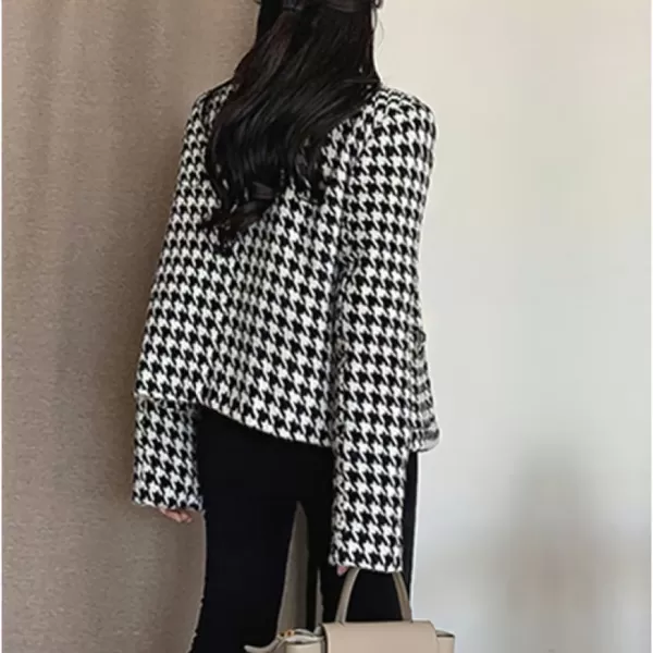 chouyatou Womens Elegant Business Casual Houndstooth Tweed Cropped Blazer Jacket Open Front Short SuitBlack