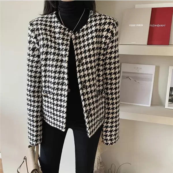 chouyatou Womens Elegant Business Casual Houndstooth Tweed Cropped Blazer Jacket Open Front Short SuitBlack