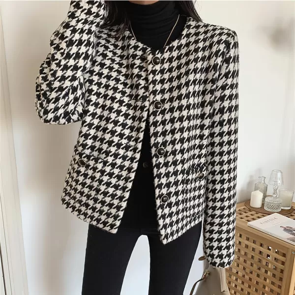 chouyatou Womens Elegant Business Casual Houndstooth Tweed Cropped Blazer Jacket Open Front Short SuitBlack