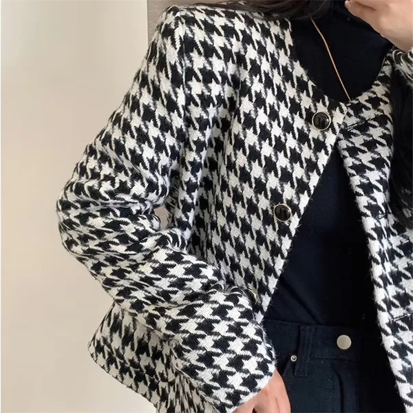 chouyatou Womens Elegant Business Casual Houndstooth Tweed Cropped Blazer Jacket Open Front Short SuitBlack