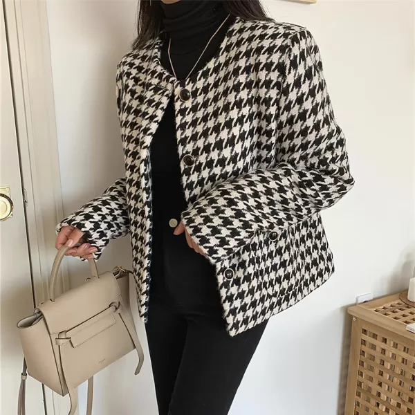chouyatou Womens Elegant Business Casual Houndstooth Tweed Cropped Blazer Jacket Open Front Short SuitBlack