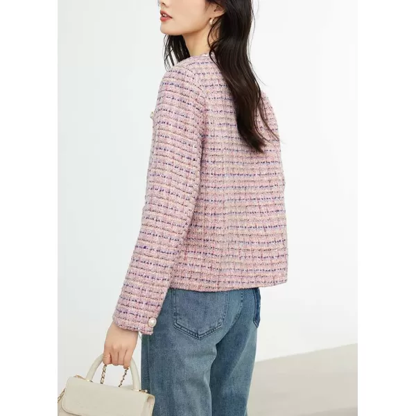 chouyatou Womens Fall Casual Button Down Tweed Jacket Collarless Office Work Cropped Blazer CoatPink
