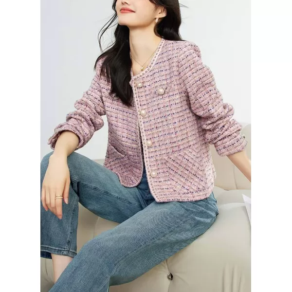 chouyatou Womens Fall Casual Button Down Tweed Jacket Collarless Office Work Cropped Blazer CoatPink