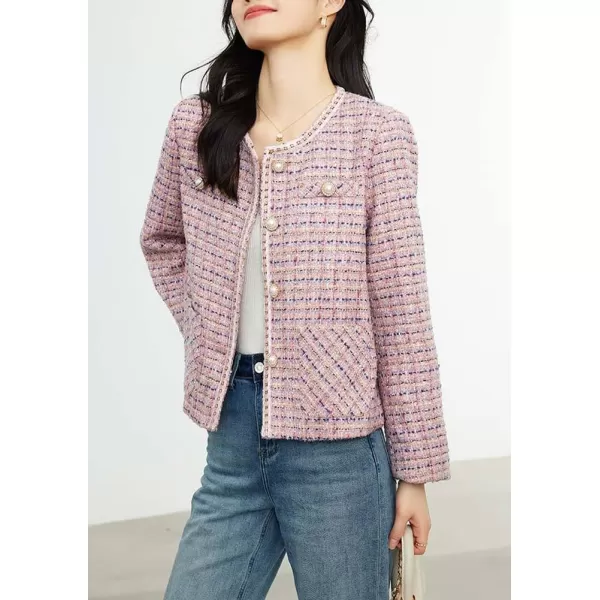 chouyatou Womens Fall Casual Button Down Tweed Jacket Collarless Office Work Cropped Blazer CoatPink