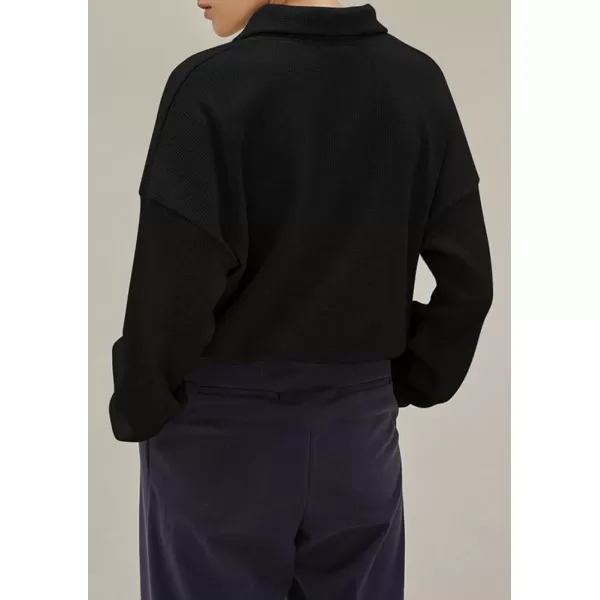 chouyatou Womens Fall Half Zip Oversized Sweatshirt Boyfriend Y2K Waffle Knit Pullover Sweatshirt TopsBlack