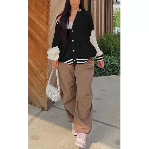 chouyatou Womens Fall Loose Button Down Knit Cardigan Sweater Boyfriend Y2K Bomber Varsity JacketBlack
