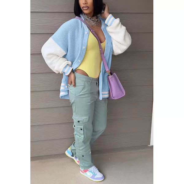 chouyatou Womens Fall Loose Button Down Knit Cardigan Sweater Boyfriend Y2K Bomber Varsity JacketBlue
