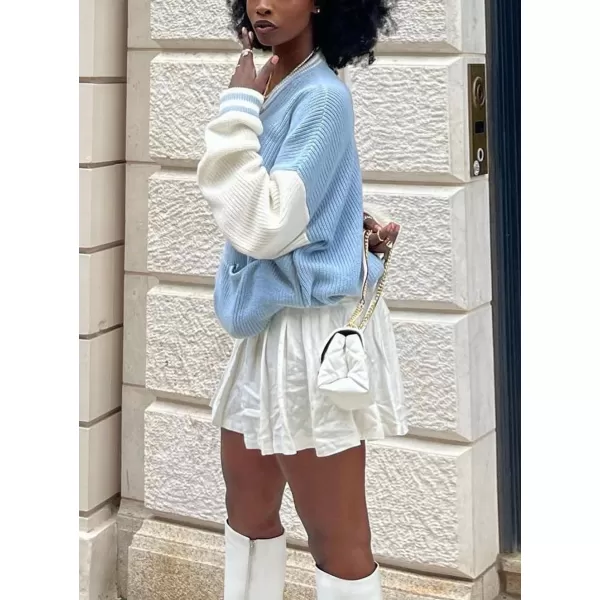 chouyatou Womens Fall Loose Button Down Knit Cardigan Sweater Boyfriend Y2K Bomber Varsity JacketBlue