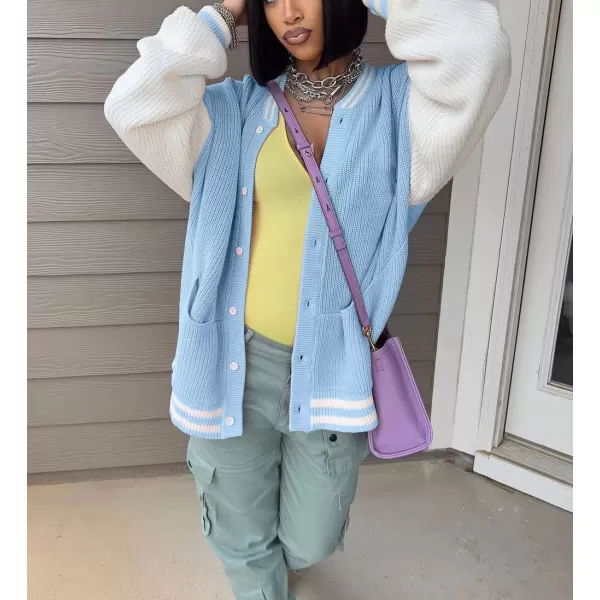 chouyatou Womens Fall Loose Button Down Knit Cardigan Sweater Boyfriend Y2K Bomber Varsity JacketBlue